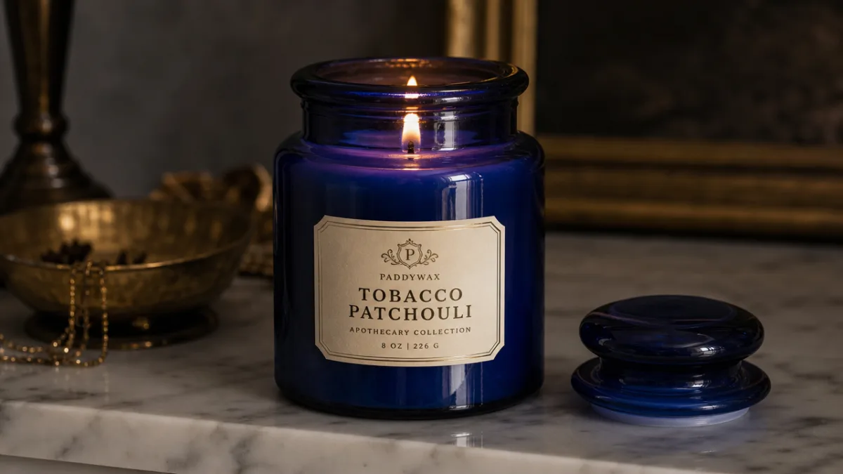 a deep blue glass apothecary jar candle glowing warmly on a marble…