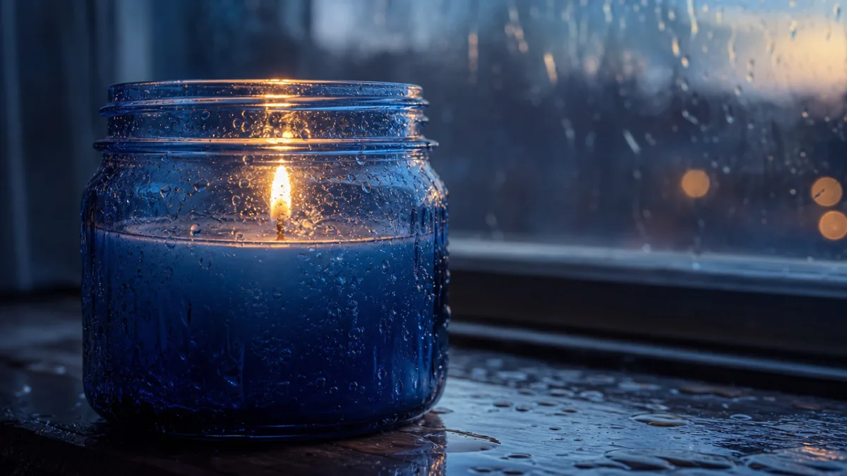 close-up of a lit blue glass candle jar with soft flame reflection,…