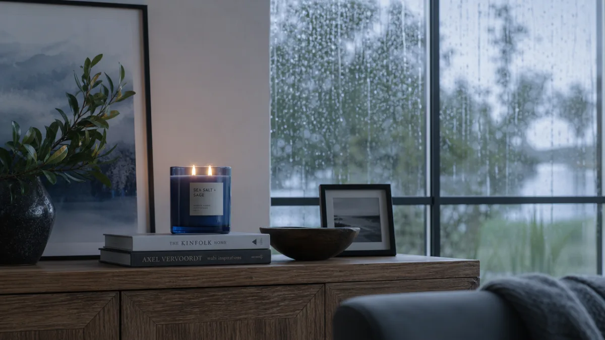 a styled home interior with blue glass candle on wooden console, rain-streaked…