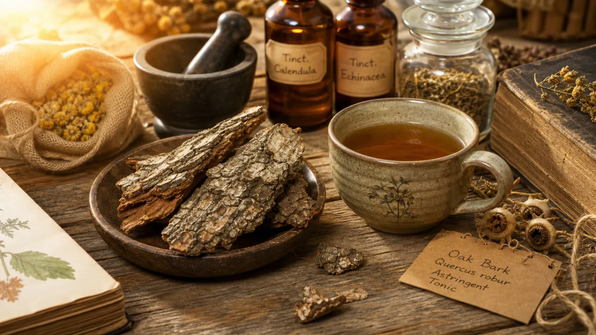 a rustic wooden table with dried oak bark, herbal tea, and natural…