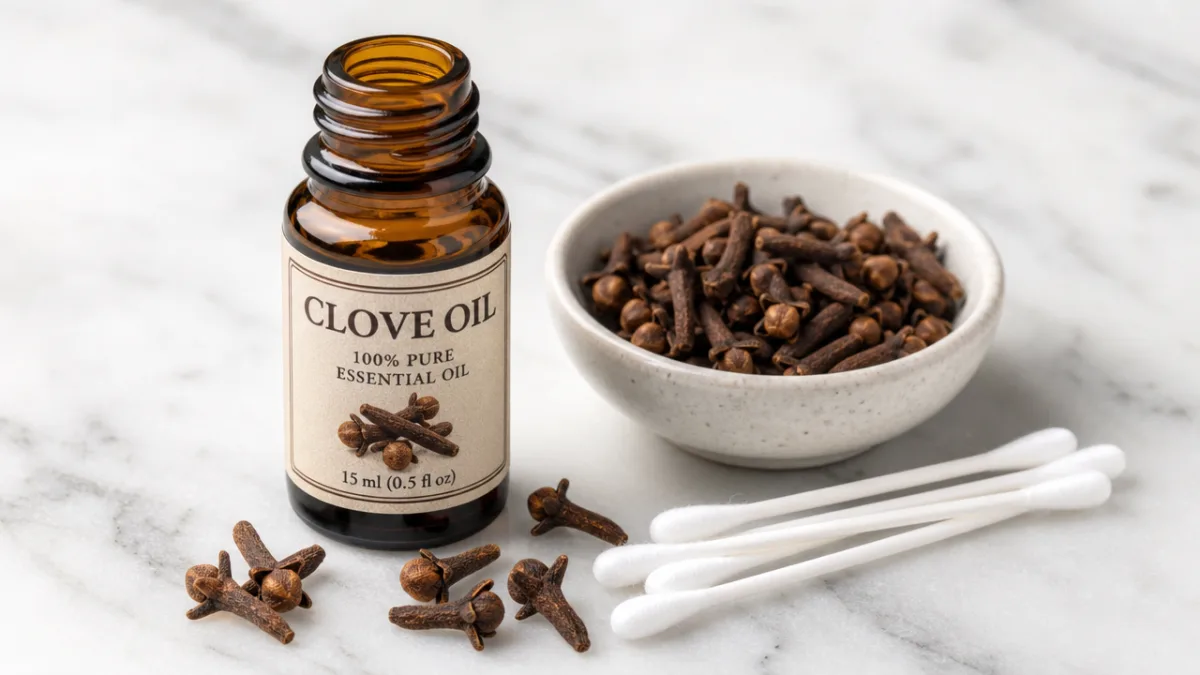 close-up of clove oil bottle, fresh cloves, and cotton swabs on a…