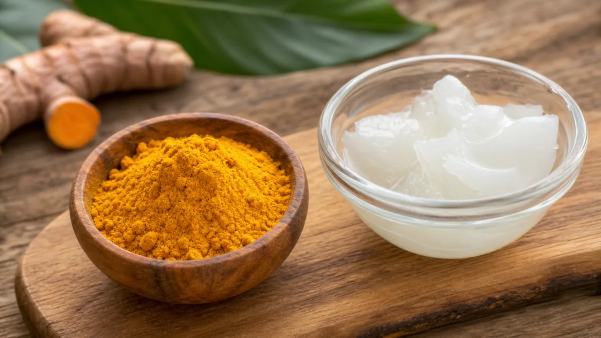 vibrant turmeric powder and coconut oil in small bowls on a natural…