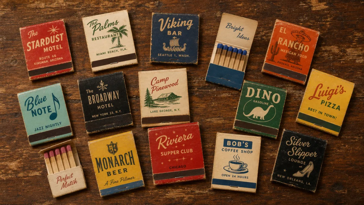 a flat lay arrangement of colorful vintage matchbooks spread across a worn…