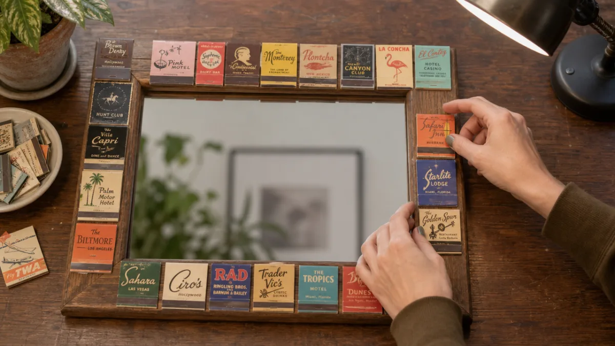 hands carefully arranging colorful matchbook covers on a wooden mirror frame, soft…