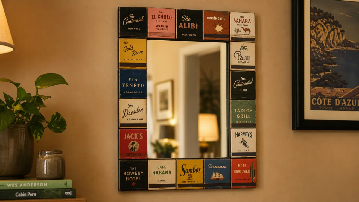 a completed matchbook mirror hanging on a warm-toned interior wall with soft…
