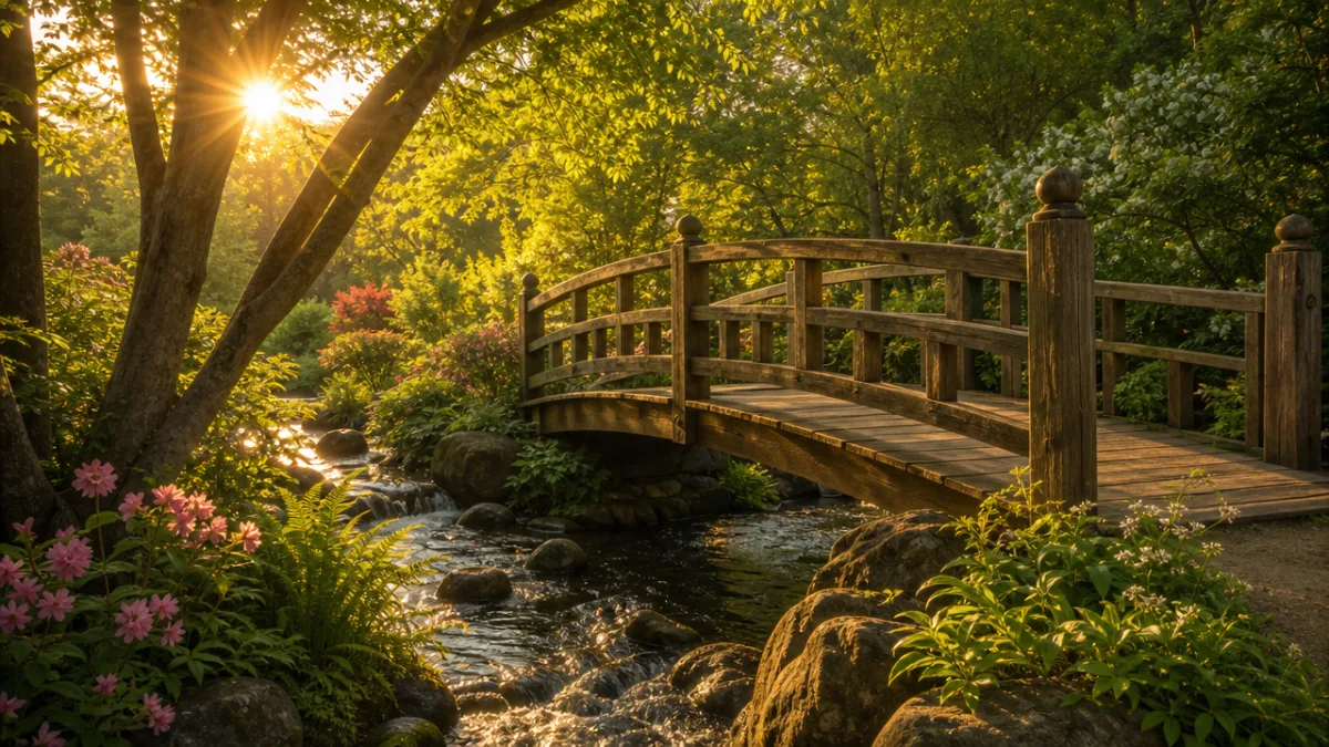 a wooden garden bridge over a small stream surrounded by lush greenery,…
