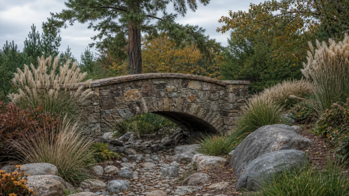 a rustic stone garden bridge over a dry creek bed with ornamental…