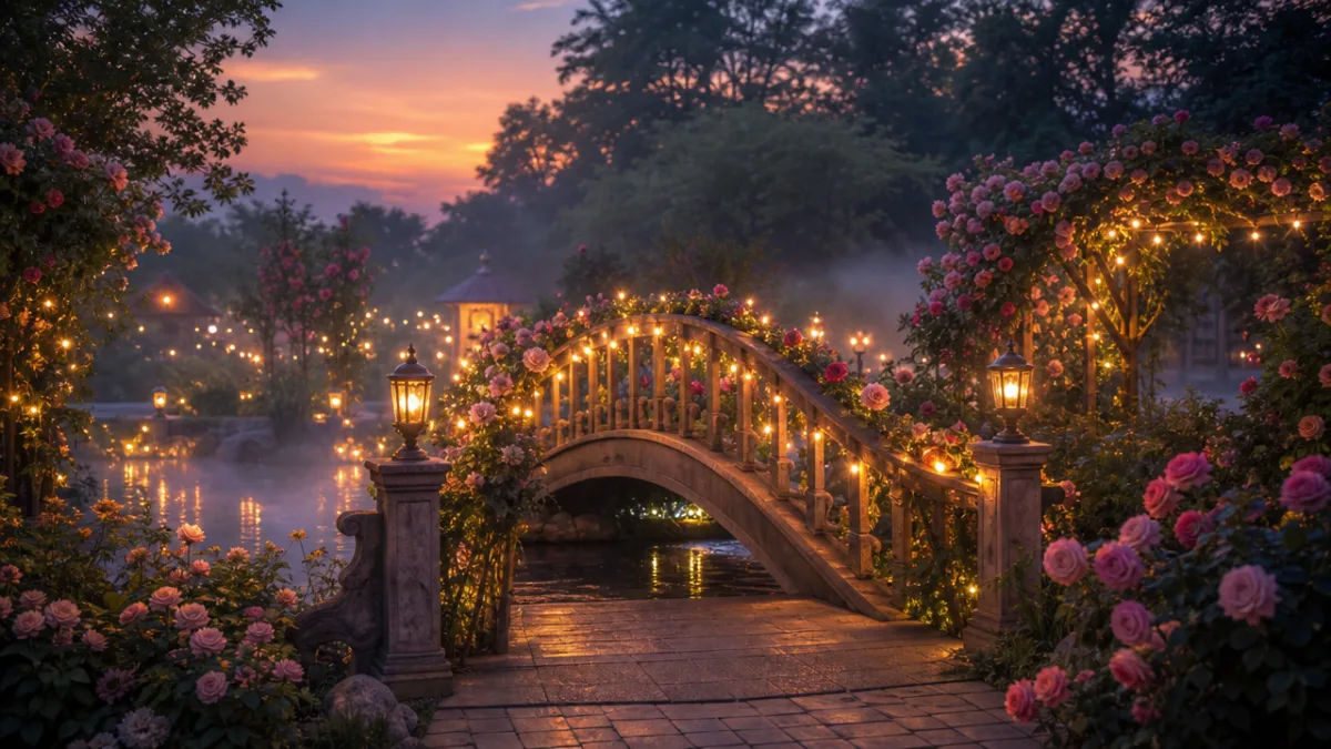 a beautifully lit garden bridge at dusk with string lights glowing, surrounded…