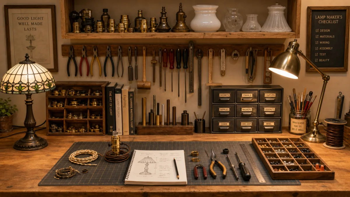 a neatly organized wooden workbench covered with lamp-making tools and materials, warm…