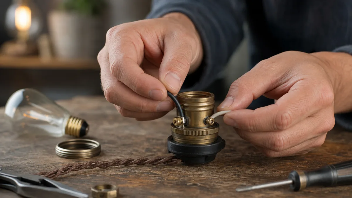 close-up of hands carefully wiring a lamp socket on a rustic wooden…
