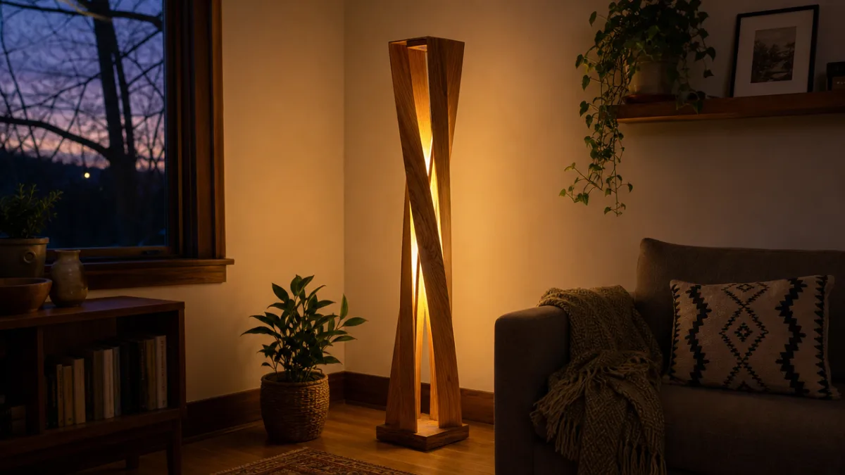 a finished handmade wooden floor lamp glowing warmly in a cozy living…