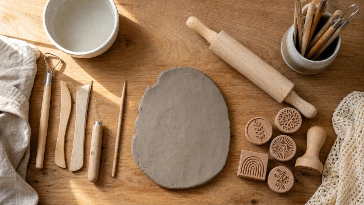 flat lay of clay tools, stamps, rolling pin, and raw clay on…