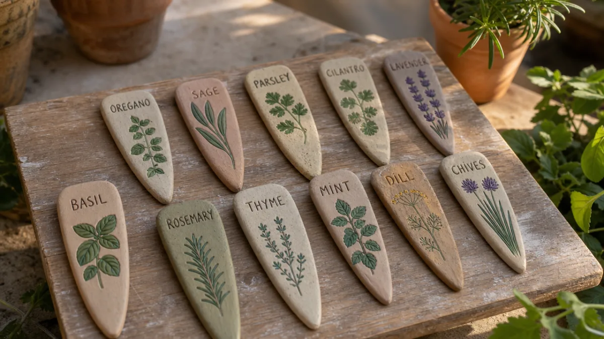 hand-painted clay plant markers drying on a wooden board, soft afternoon sunlight,…