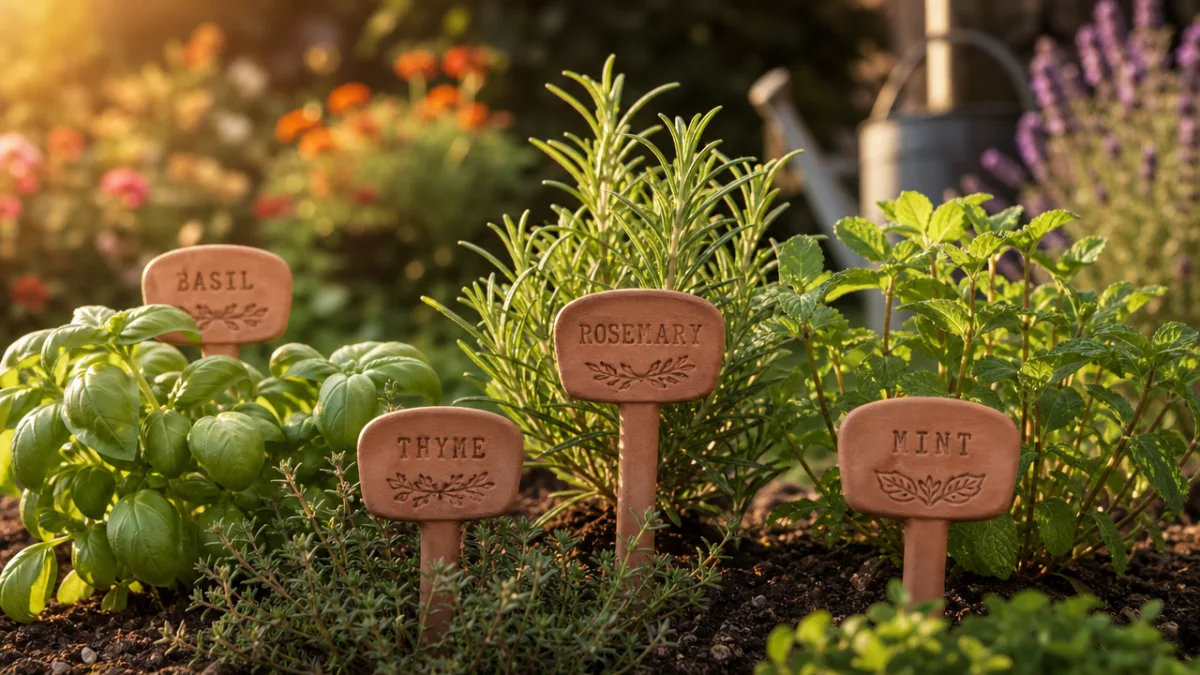 charming garden with clay plant markers staked among green herbs, golden hour…