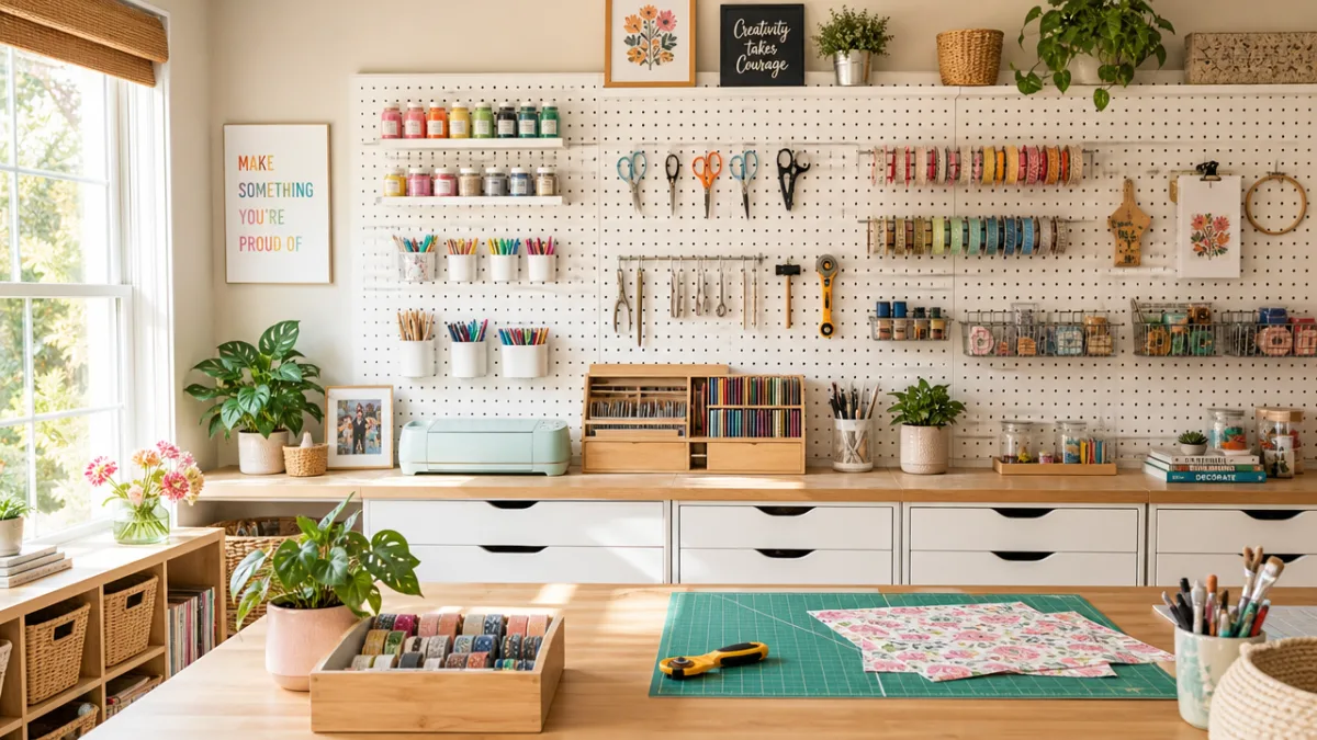 a bright craft room with a large white pegboard wall covered in…