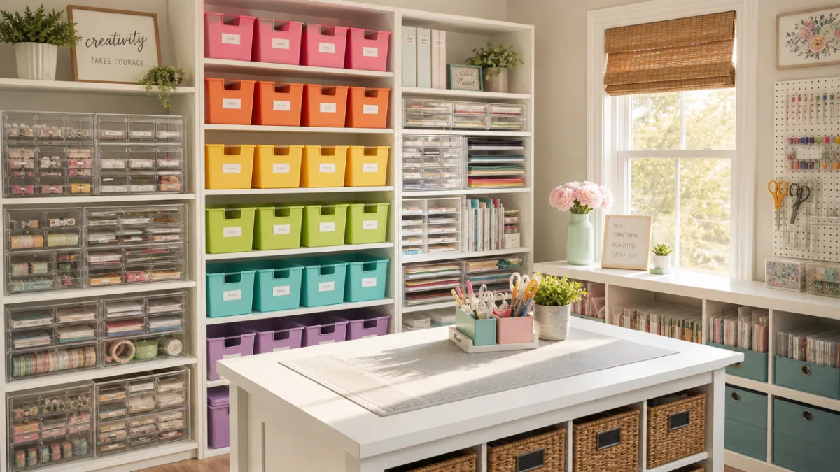 a tidy craft room with color-coded storage bins and clear acrylic drawers…
