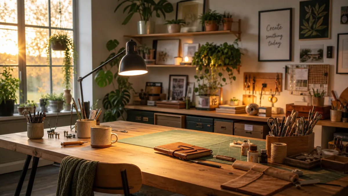 a cozy modern craft studio with warm task lighting over a wooden…