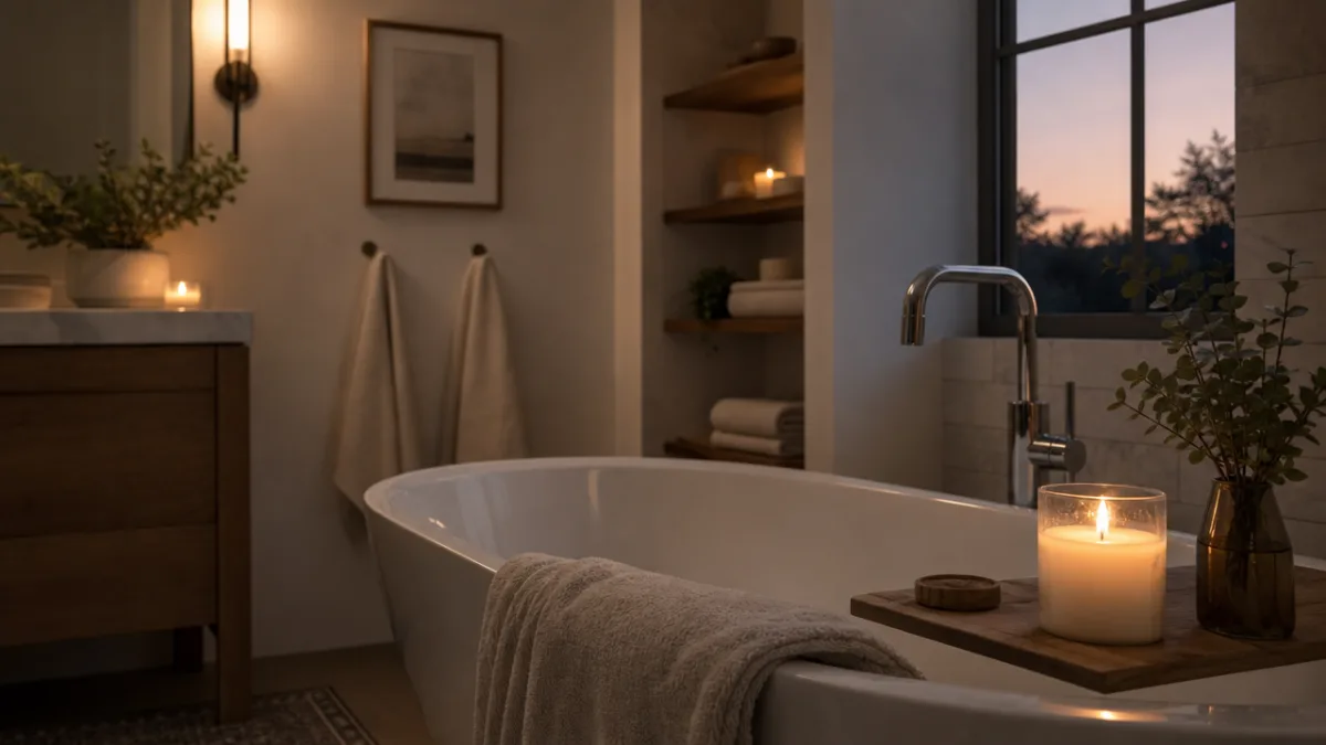 a serene spa-like bathroom with a lit candle beside a white bathtub,…