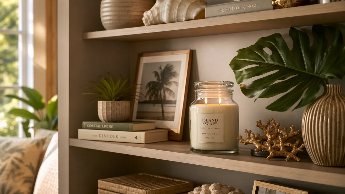 an elegantly styled living room shelf with a large jar candle and…