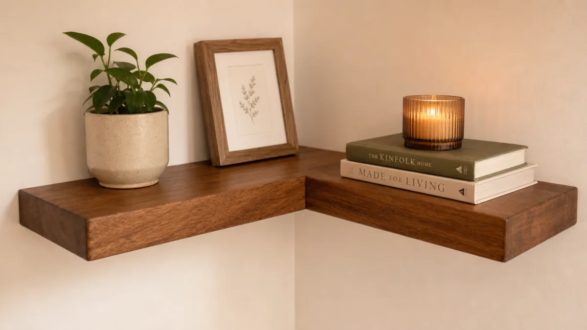 a close-up of a warm brown wooden L-shaped corner shelf mounted on…