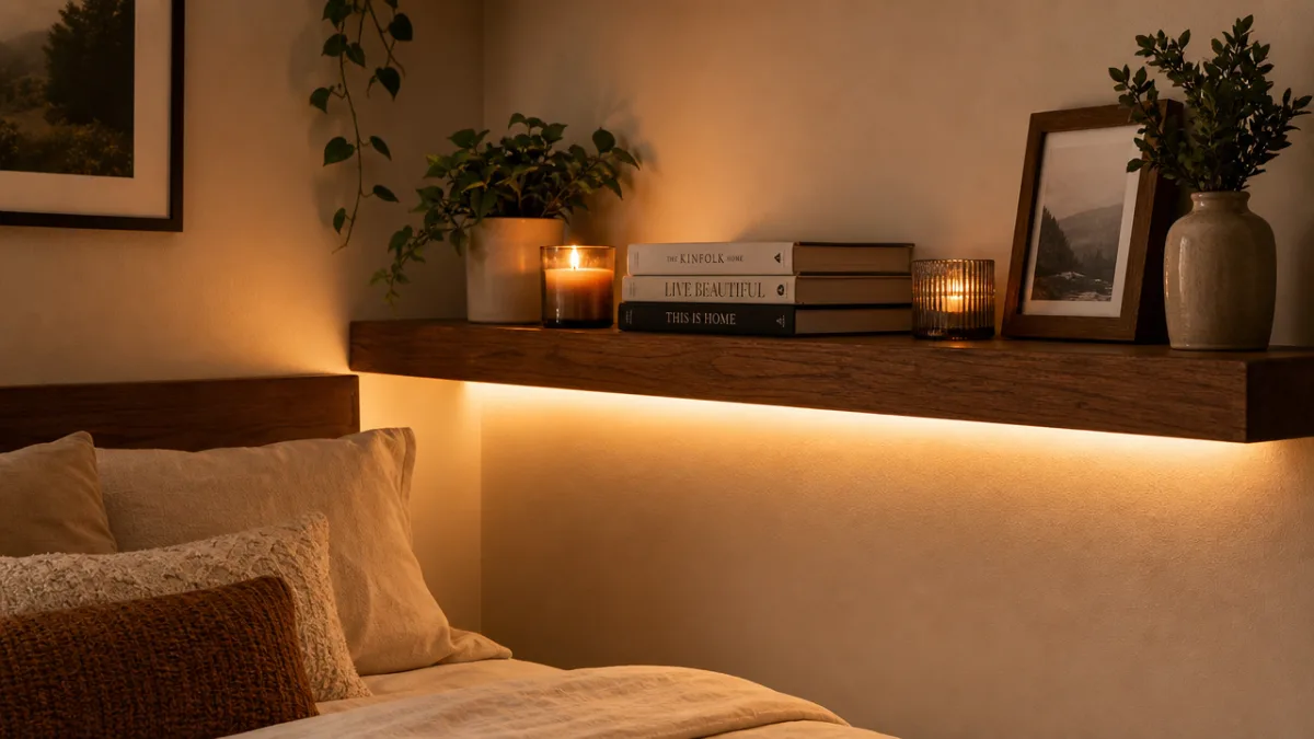a cozy bedroom corner with a brown wooden floating shelf displaying candles,…