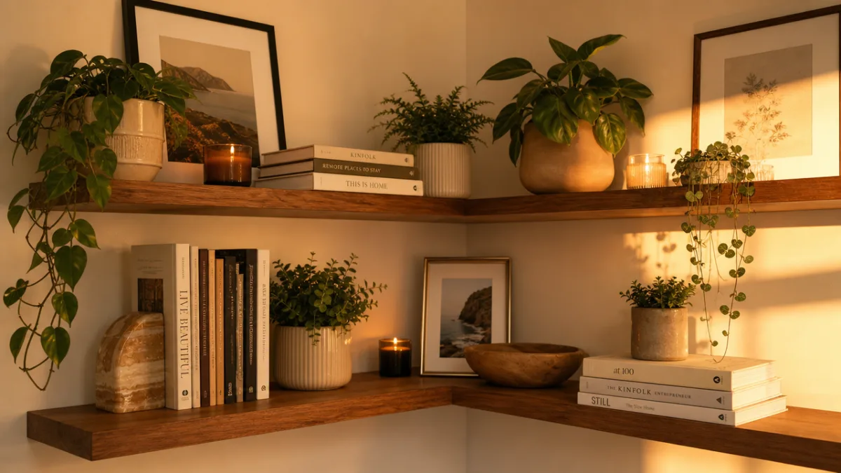 a stylishly arranged L-shaped corner shelf with plants, candles, and books, golden…