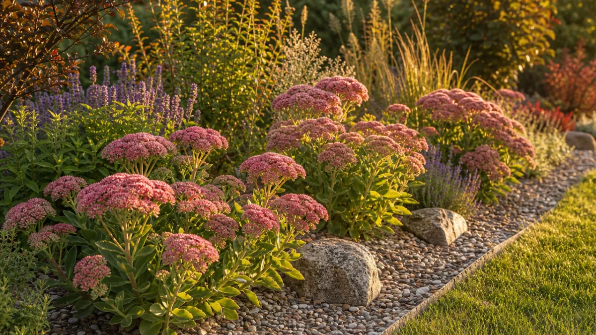 a sunny garden border featuring Hylotelephium plants with gravel mulch and late…