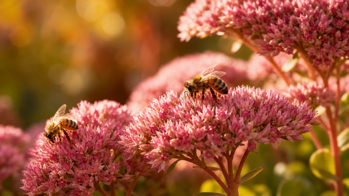 a close-up of bees visiting Hylotelephium pink flower clusters, warm autumn sunlight…