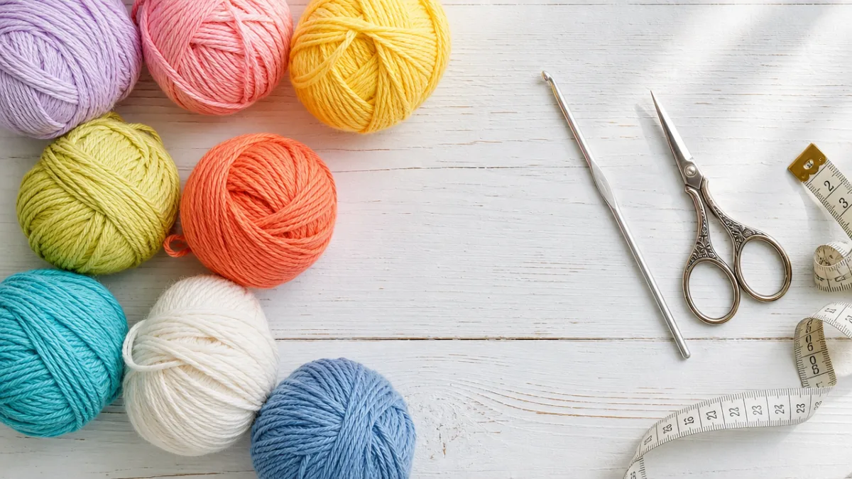 flat lay of colorful cotton yarn balls, a silver crochet hook, scissors…