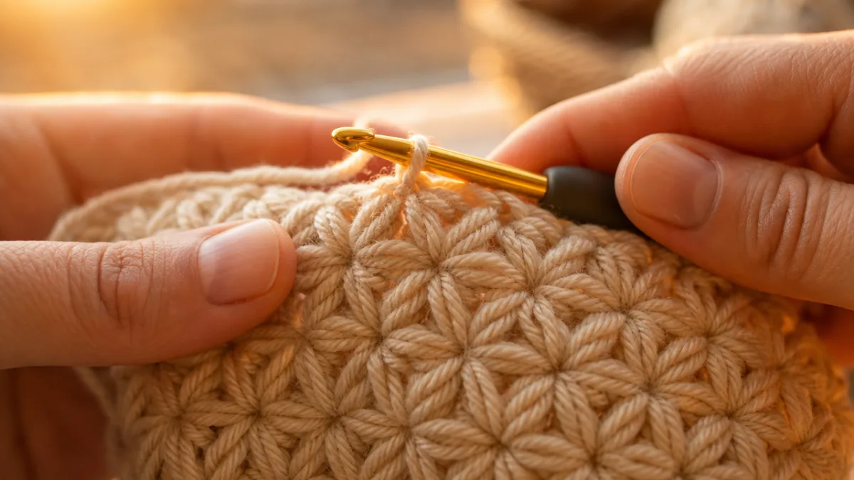 close-up of star stitch crochet work in progress with hands holding a…