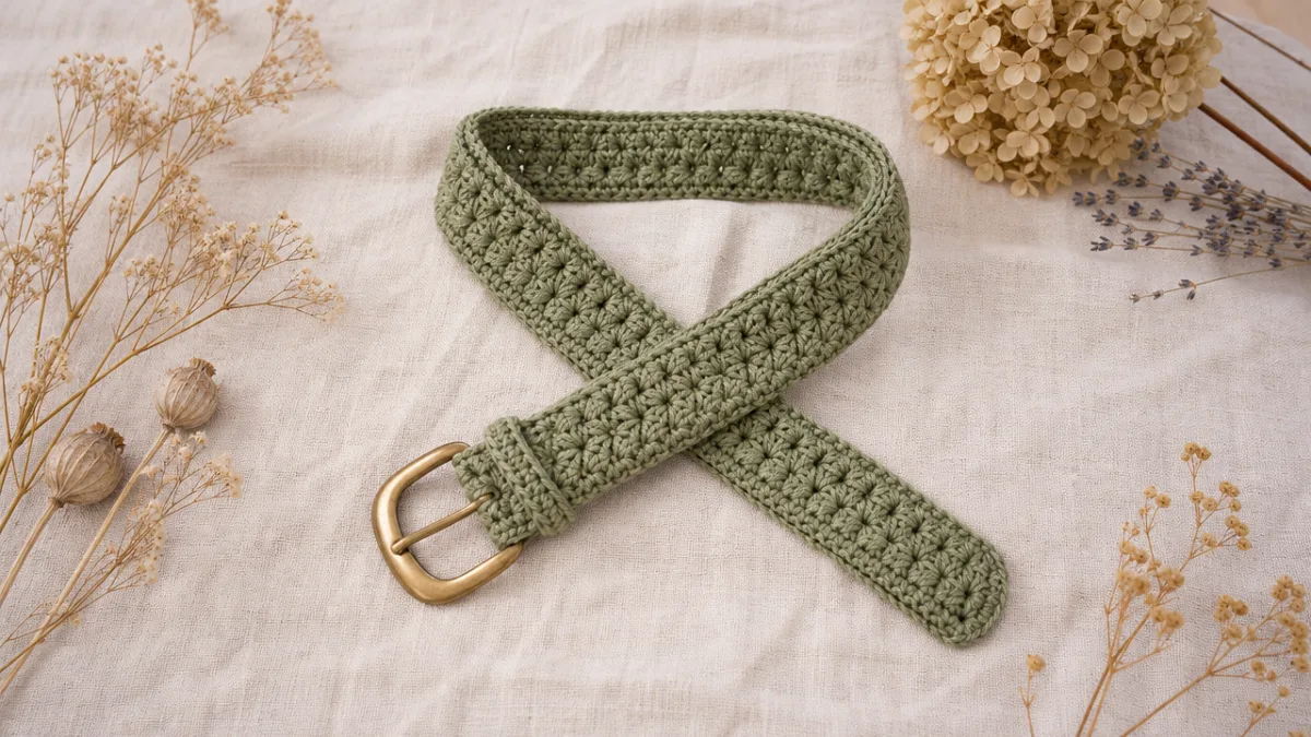 a finished star stitch crochet belt displayed on a linen fabric background…