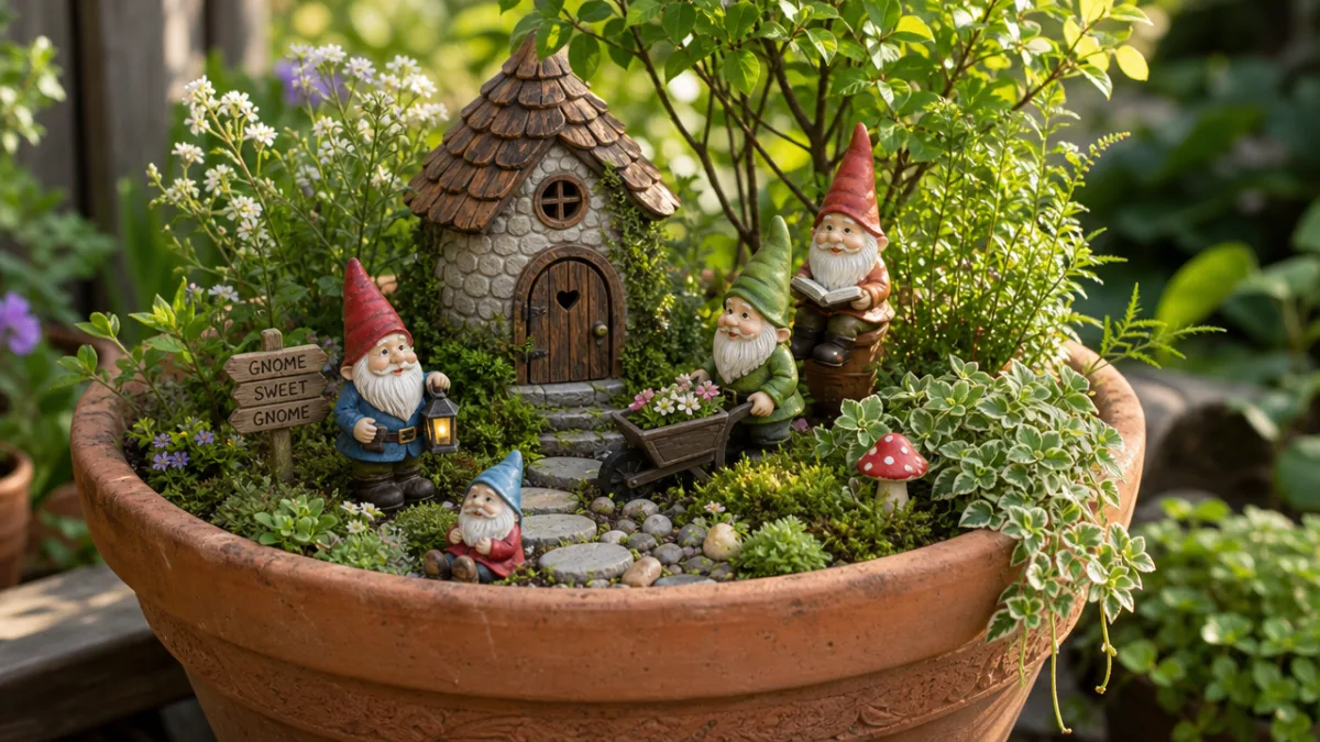 a charming outdoor gnome garden in a terracotta pot surrounded by lush…