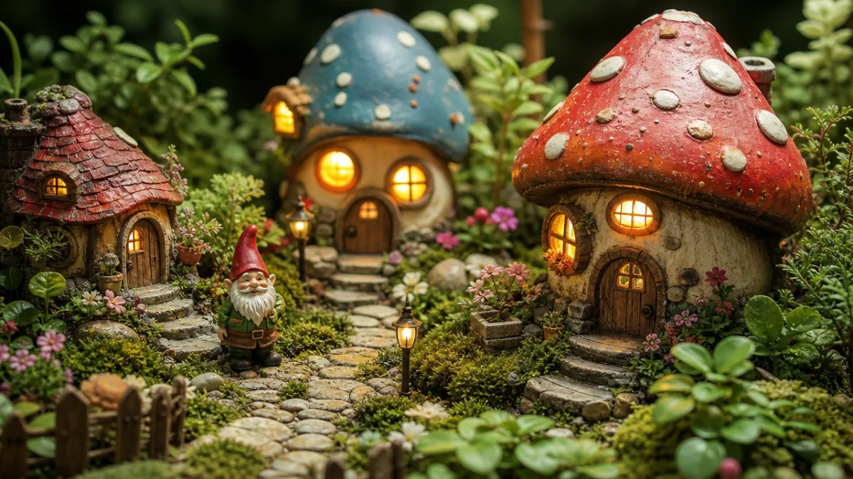 close-up of a detailed gnome garden with tiny mushroom houses, moss, and…