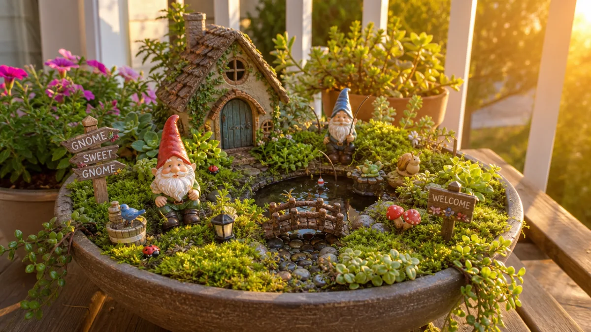 a finished gnome garden on a sunny porch with vibrant moss, figurines,…