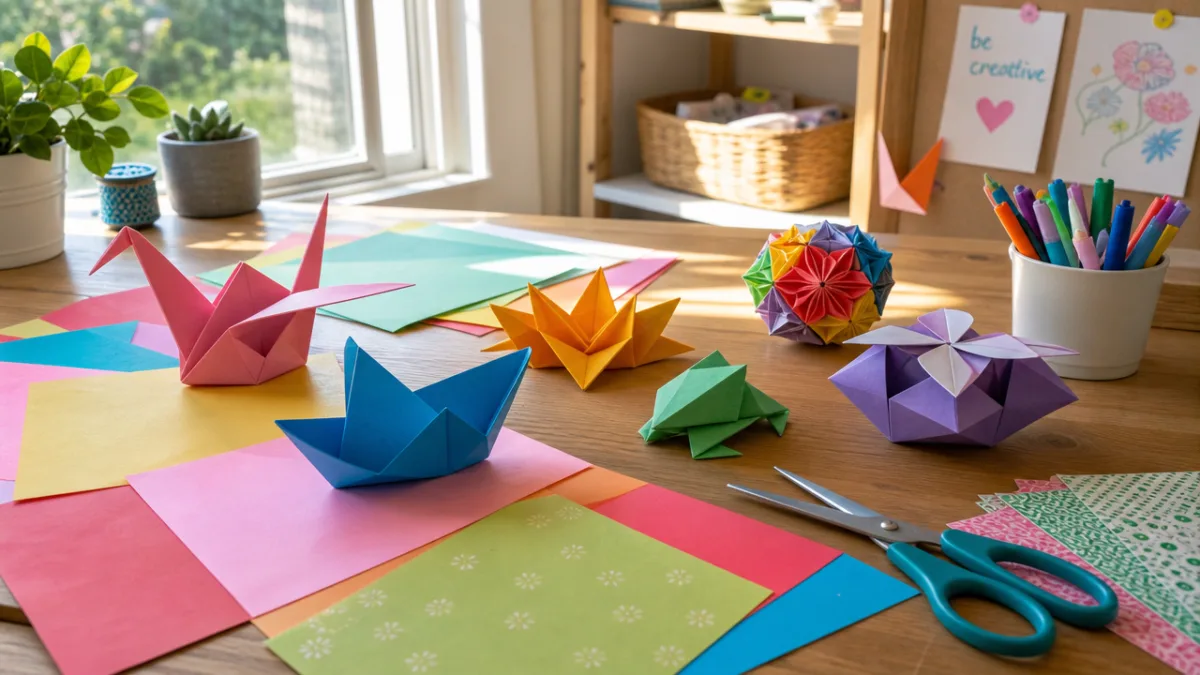 a bright craft table covered with colorful paper sheets, scissors, and origami…