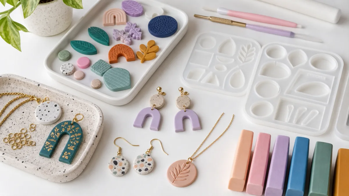 a clean white studio desk with colorful polymer clay shapes, resin molds,…
