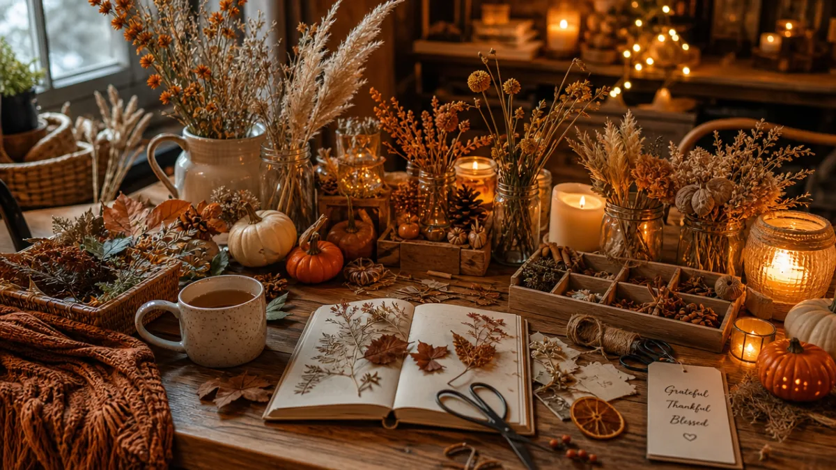 a cozy autumn craft table with dried botanicals, seasonal decorations, and warm…