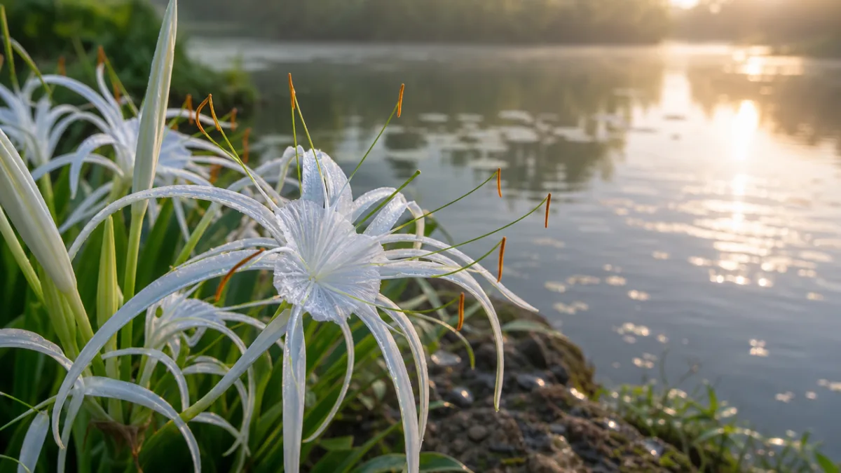a close-up of white spider lily flowers blooming at a pond's edge,…