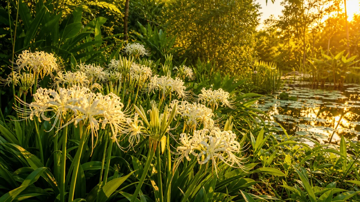a lush pond margin with spider lily clumps in full bloom surrounded…