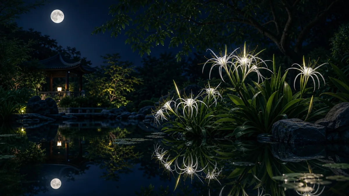 an elegant night garden pond with glowing white spider lily flowers reflected…