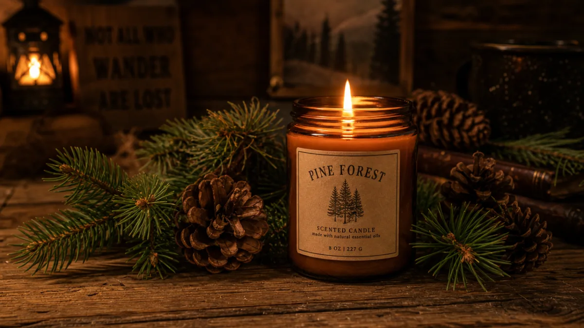 a rustic wooden table with a lit pine forest candle surrounded by…