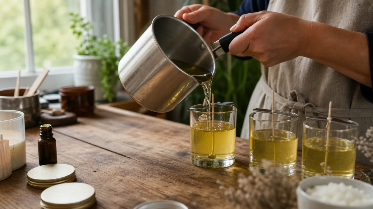 hands carefully pouring melted wax into glass candle jars on a wooden…