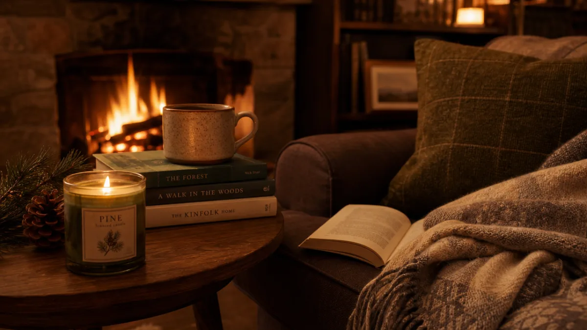 a cozy reading nook with a glowing pine candle on a side…