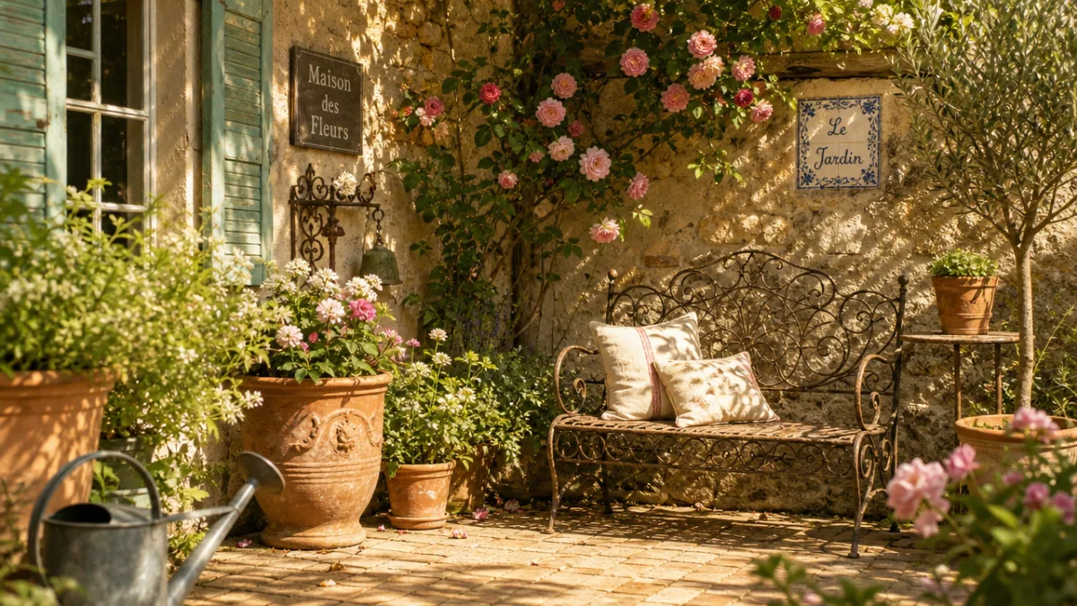 a sunlit vintage garden corner with terracotta pots, wrought iron bench, and…