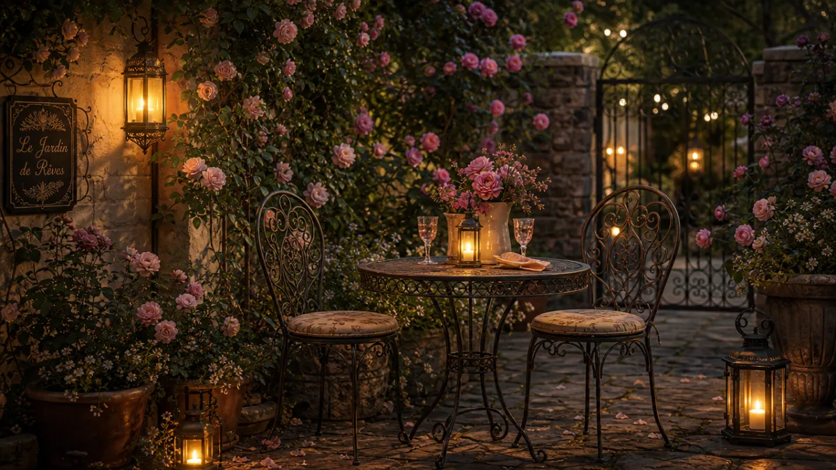 a romantic vintage garden seating area with wrought iron bistro chairs, flowering…