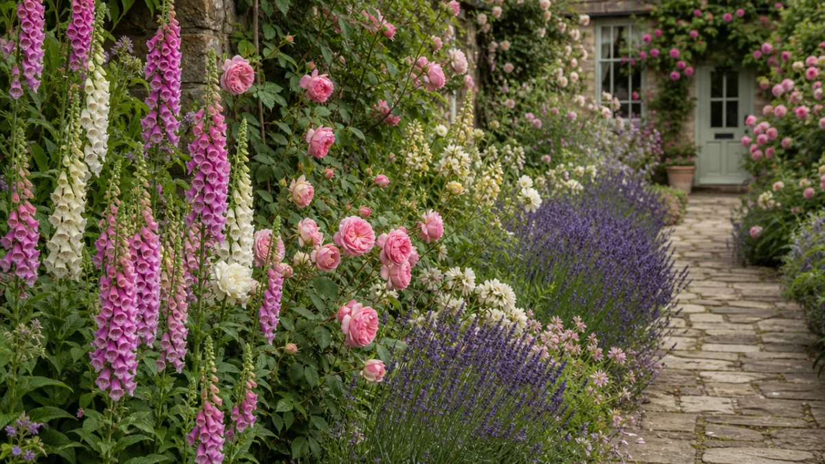 a lush vintage cottage garden border with foxgloves, roses, and lavender beside…