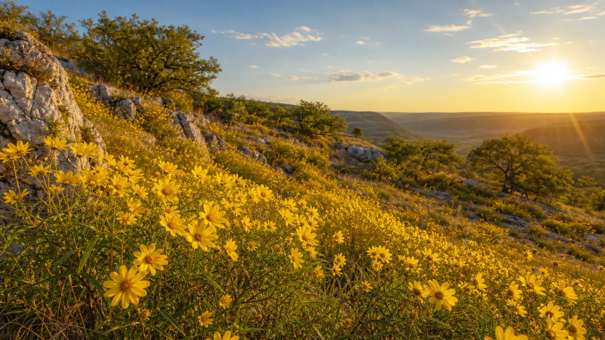 a sun-drenched Texas limestone hillside covered in bright yellow four nerve daisy…