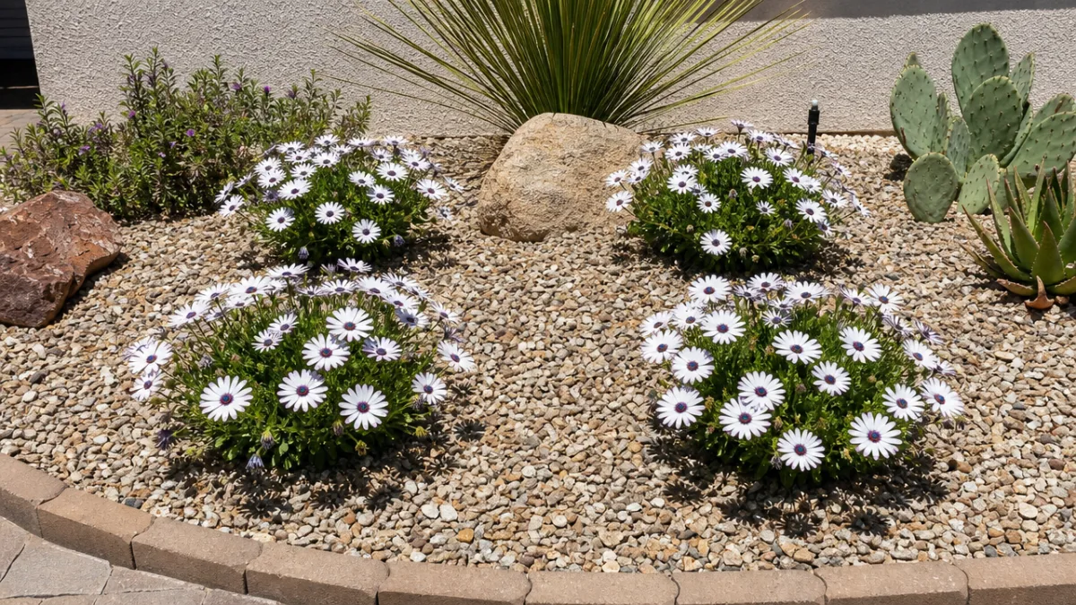 a neatly arranged xeriscape garden bed with four nerve daisy plants in…