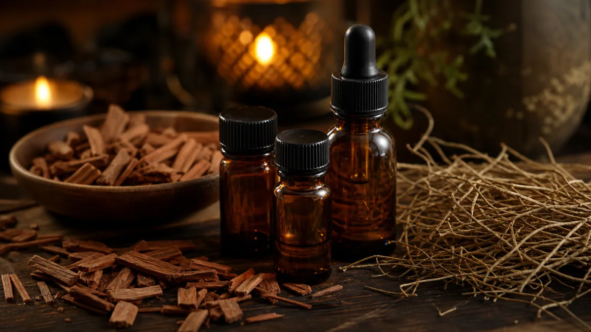 amber glass essential oil bottles on dark wood surface surrounded by cedar…