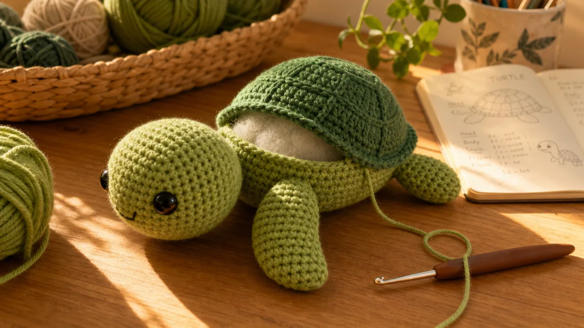 a partially completed green crochet amigurumi turtle plush resting on a crafting…